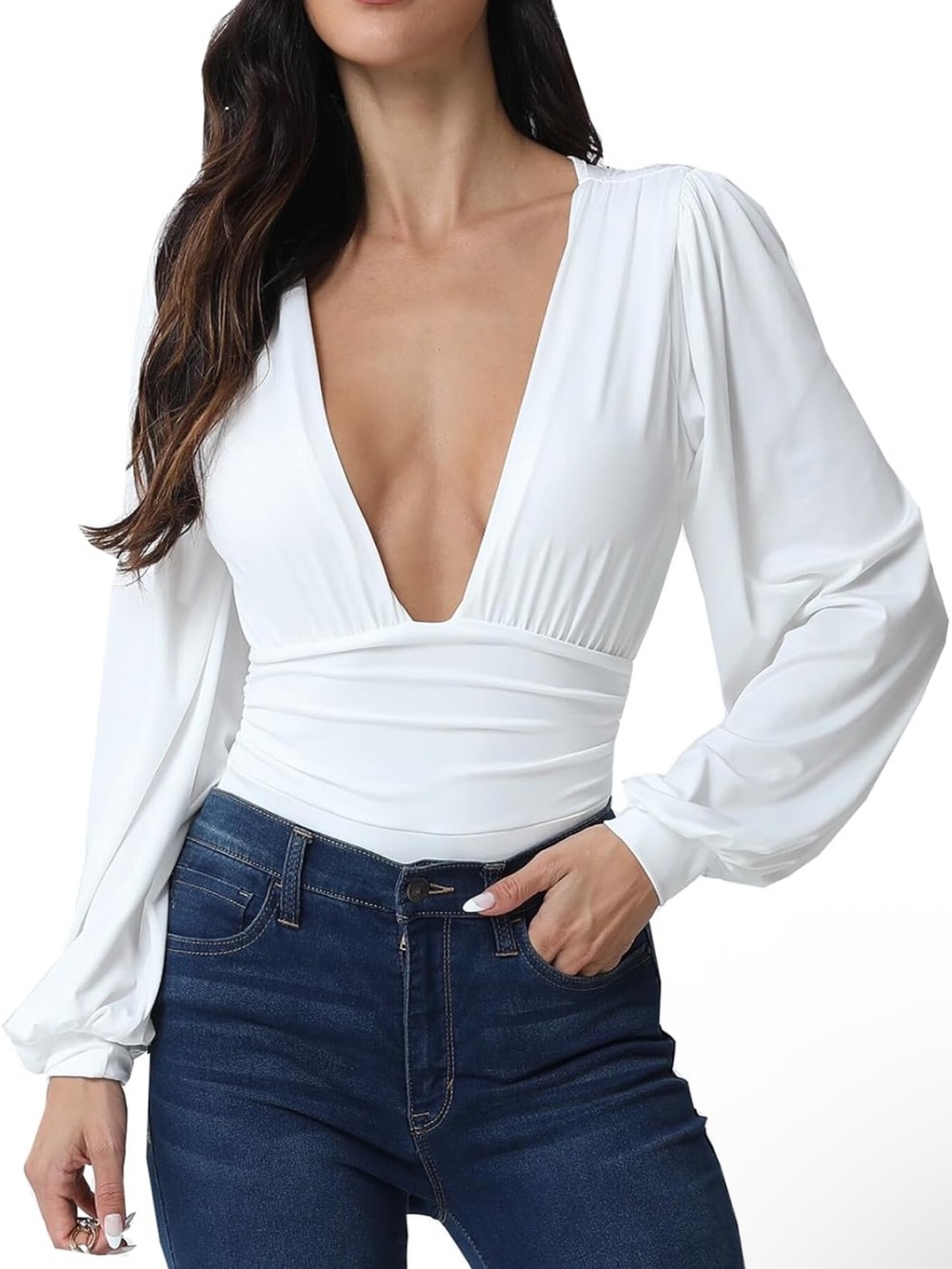 White V-Neck Long Sleeve Bodysuit